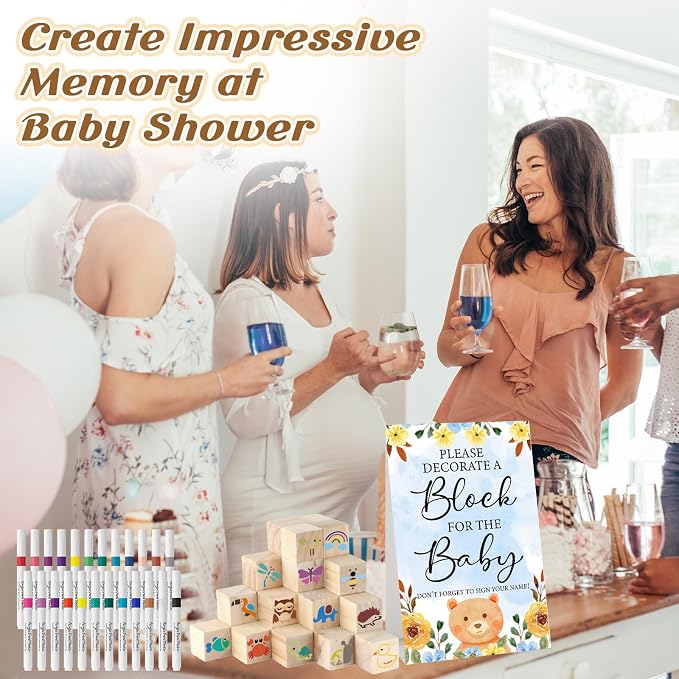 117 Pcs Baby Shower Blocks to Decorate Game Kit Includes 52 Wooden Blocks 24 Markers 1 Game Sign 40 Templates to Paint (Blue Bear)