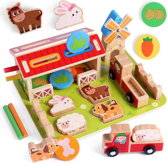 FIIOEOY Wooden Montessori Toys, Farm Animal Barn for Toddlers 1-3 Year Old | Colour Shape Sorting, Sorting & Stacking, Pretend Play, Educational Learning Toy, Fine Motor Skills, Birthday Gift