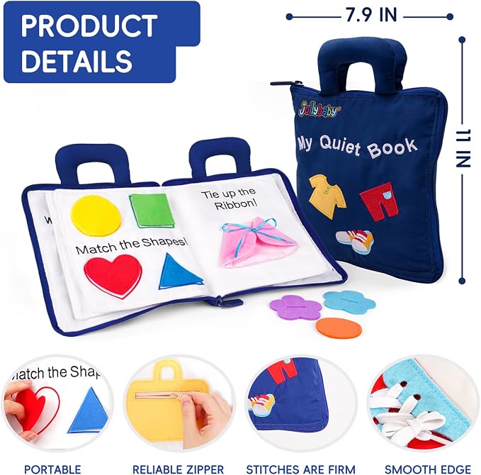 Jollybaby 10 Page Baby Soft Busy Books -My Quiet Book, Travel Toy & Montessori Sensory Educational, Preschool Learning Activities Toy for 1 2 3 Year Old Toddlers Boy Girl(Blue)