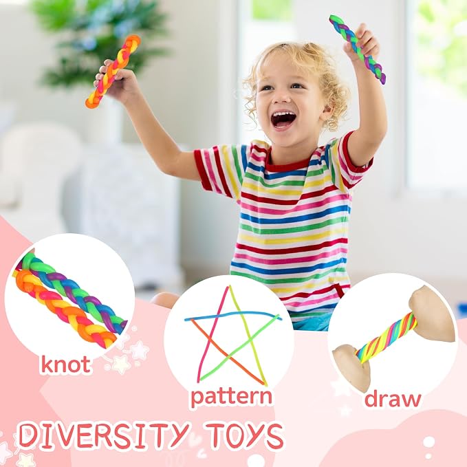 100 PCS Colorful Stretchy Fidget Strings Sensory Toys, Carnival Prizes Fidget Stress Relief Toy for Classroom Prize Children Gift Birthday Party Favors Kids 4-8 8-12