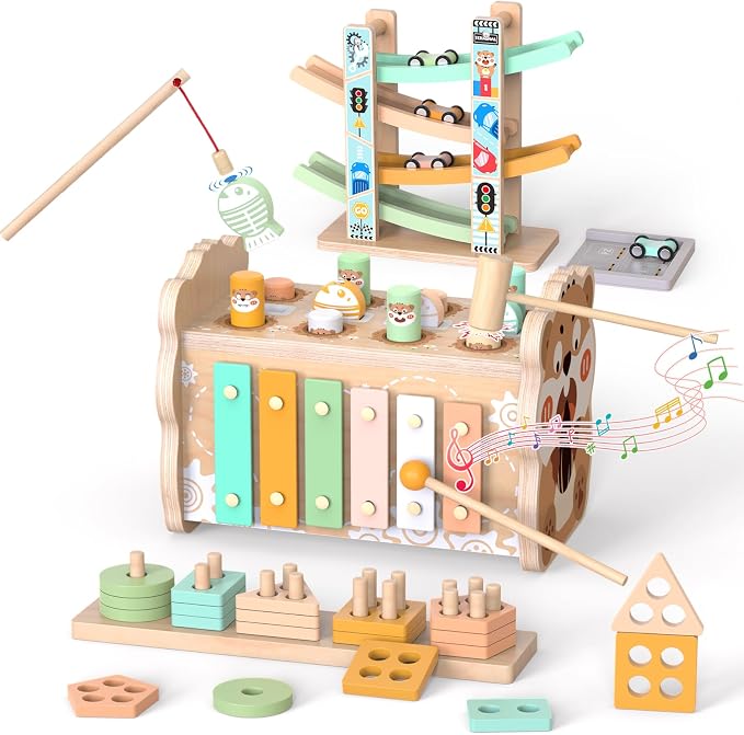 Montessori Wooden Toys for Toddler, Pounding Hammer, Car Ramp, Shape Sorter | Xylophone, magnetic fishing game, rotating gears, fine motor play, hand-eye coordination, birthday gifts for boys and girls