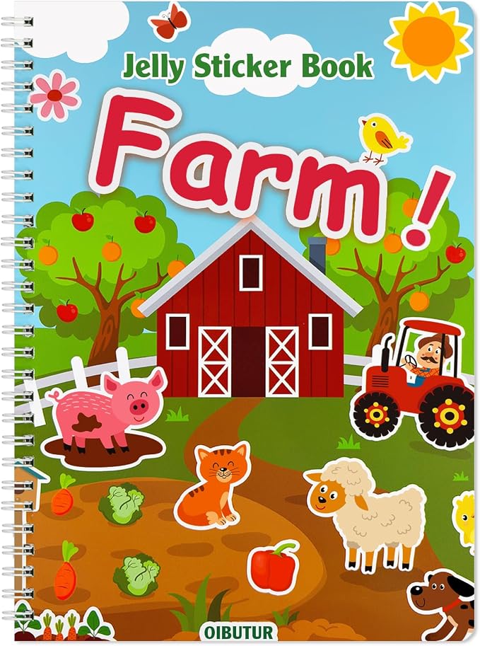 Reusable Sticker Book for Kids 1-3, Jelly Sticker Books for Toddlers 2-4 Years, Toddler Easter Basket Stuffers＆Travel Essentials Farm Stickers for Kids Toddler Plane Activities (Farm)