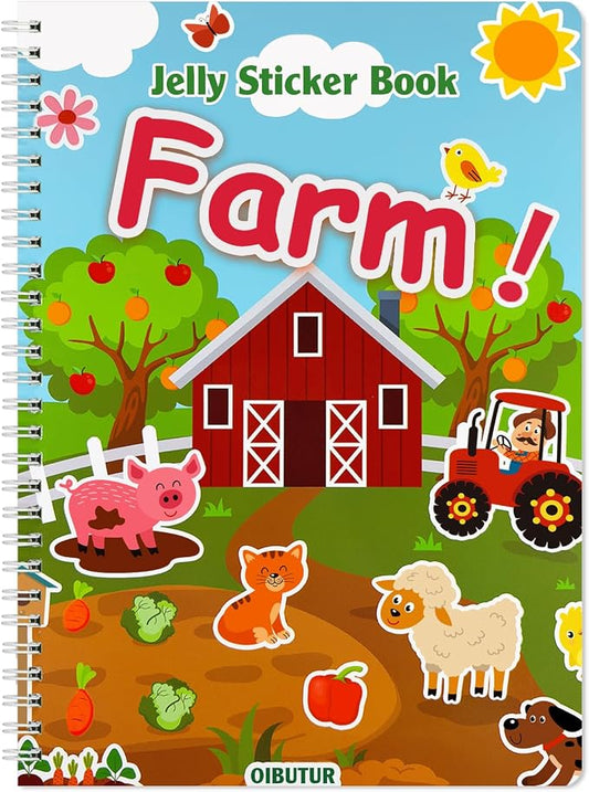 Reusable Sticker Book for Kids 1-3, Jelly Sticker Books for Toddlers 2-4 Years, Toddler Easter Basket Stuffers＆Travel Essentials Farm Stickers for Kids Toddler Plane Activities (Farm)
