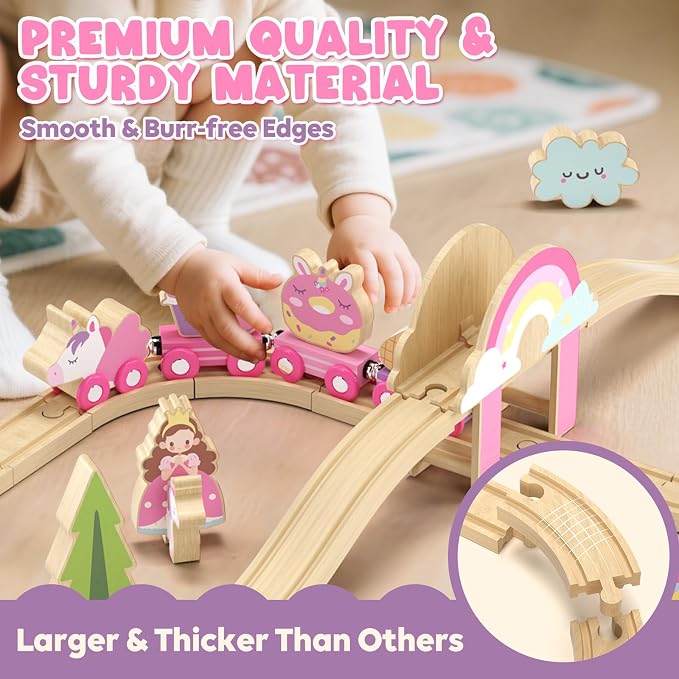 Lehoo Castle Wooden Train Set for Girls, Pink Unicorn Train Set | Princess and Castle Pieces for Imaginative Play, Compatible with Most Wooden Train Tracks, Birthday Gift for Girls