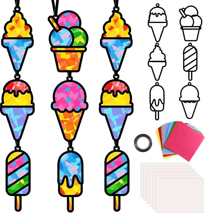 Qyeahkj 36 Set Ice Cream Suncatchers Crafts for DIY Dessert Window Tissue Paper Crafts Kit Summer Sweet Suncatcher Hanging Decor for Summer Home Activity Art Project Birthday Party Favor Gift