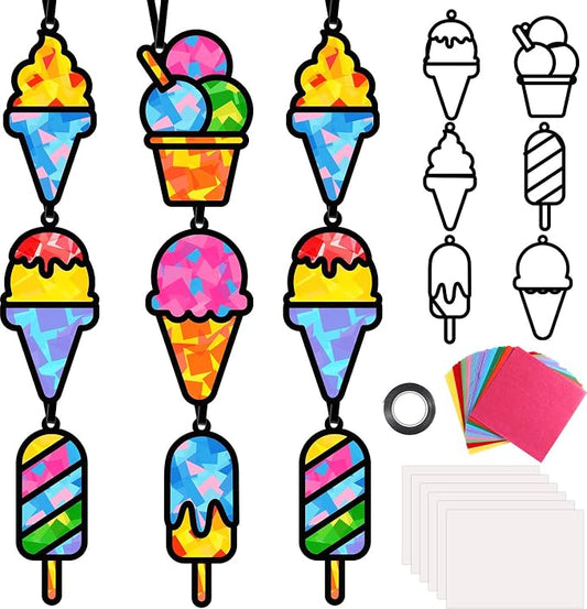 Qyeahkj 36 Set Ice Cream Suncatchers Crafts for DIY Dessert Window Tissue Paper Crafts Kit Summer Sweet Suncatcher Hanging Decor for Summer Home Activity Art Project Birthday Party Favor Gift