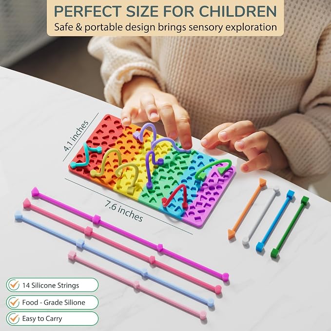 Sensory Activity Board for Kids Boys Girls, Fidget Toys for Stress Anxiety Autistic ADHD, Fidgets for Classroom Travel Airplane Toys for 3+ Year Old, Portable Travel Storage Box & 14 Strings