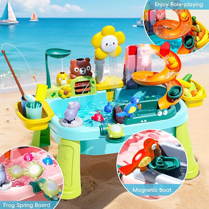 Ploomi Upgraded Toddler Sand Water Table Toy with Electric Water Pump, Kids Sand Water with Faucet/Play Food Accessories/Fishing Toy, Kitchen Play Sink Toys for Girl Boy Age 3+ (Light-Blue)