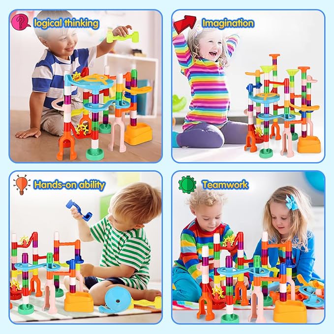 MaxTronic Marble Run for Kids,135 PCS Marble Maze Track Set - Educational Building Block Toys Set for Boys Girls STEM Learning (75 Blocks + 60 Marbles)