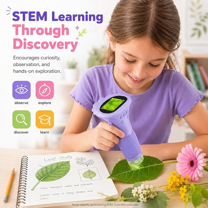 1000X Kids Microscope Handheld Camera, 2'' Screen Wonder Quest Microscope Camera for Kids, Educational Magnifying Glass Toy, Christmas Birthday Gifts for Age 3 4 5 6 7 8 9 10 11 12 Girls Boys - Purple