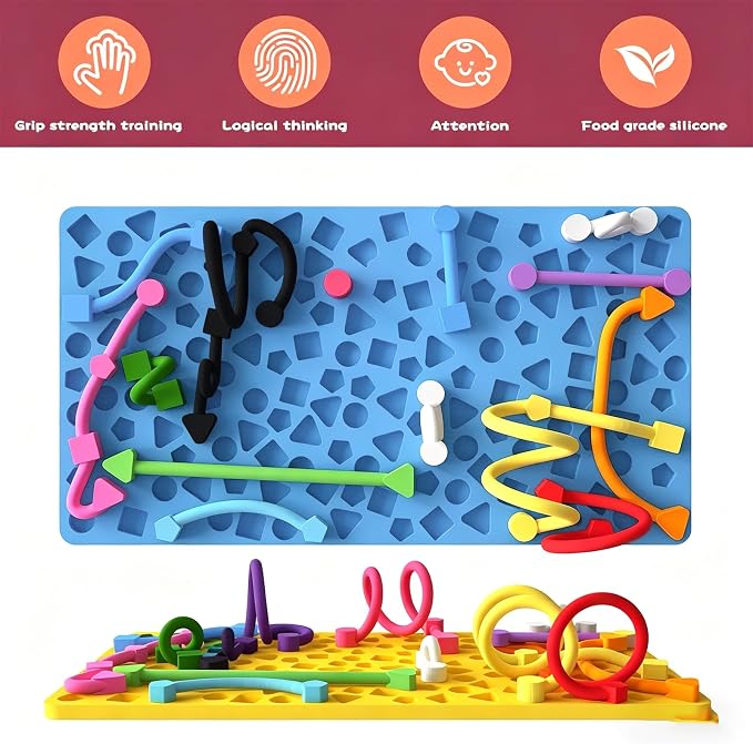 2PCS Sensory Activity Board, Silicone Fidget Toys for Calming and Stress | Autism Quiet for Adults, Toddler Sensory Toys for ADHD, Road Trip Essentials for Kids, Portable Travel Bag & 24 Strings