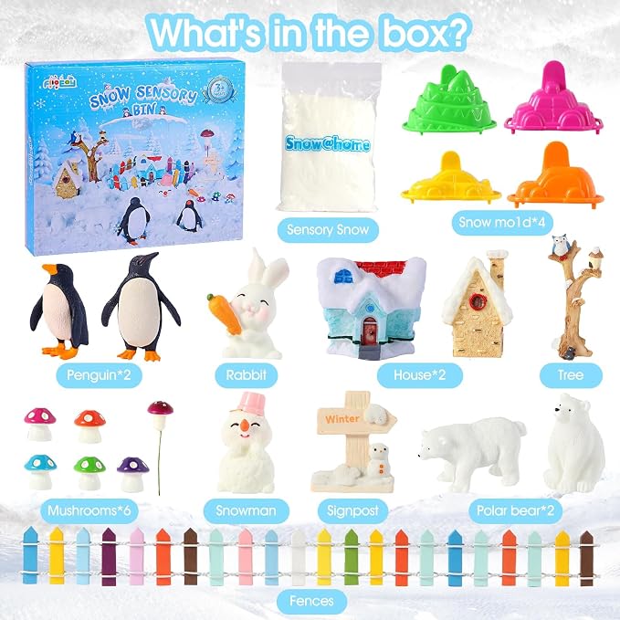 FIIOEOY Snow Sensory Bin, Play Sand Art Kit for Kids with Sensory Sand, Arctic Animal Figures, Winter Wonderland Sensory Snow Toy Birthday Gift for Toddler Ages 3 4 5 6 7 8