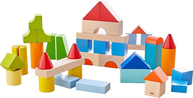 HABA Colored Wooden Building Blocks - Set of 85 Piece Set of Wooden Toys, Stacking Toys for Toddlers 1-3 Ideal Open Ended STEM Play (Made in Germany)