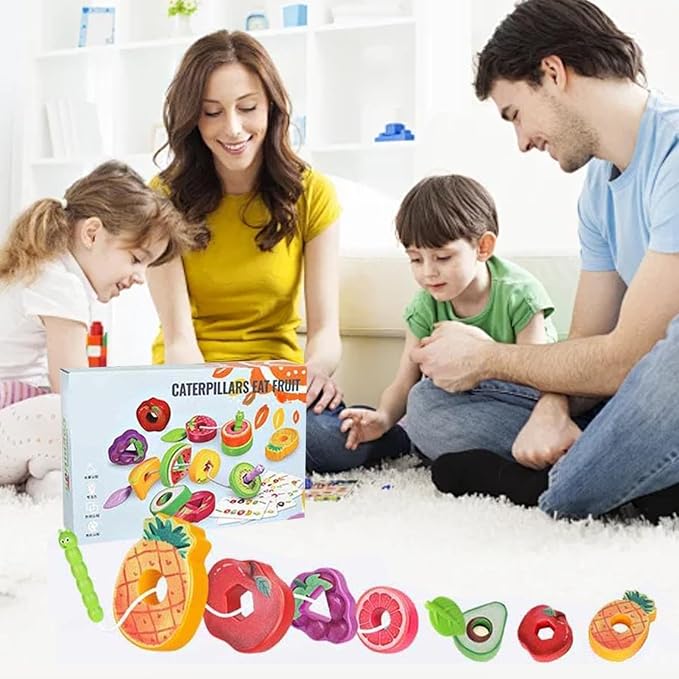 Fruit Veggie Threading Toy, Wooden Greedy Caterpillar Rope Toy, Sensory Play Learning Game, Fruit Veggie String Threading Toys, for Classroom Teaching Travel Car Road Trip