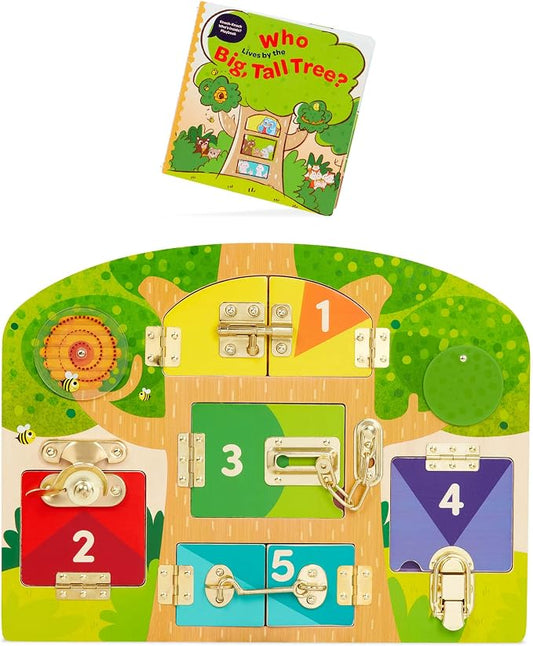 Battat Education – Wooden Latches Board Sensory Activity Toy for Toddlers, Montessori Doors and Locks Busy Board for Fine Motor Skills Development, Educational Toys for 3+ Years | Knock-Knock, Who's Inside? with 5 numbered doors, 2 spinning panels, and...