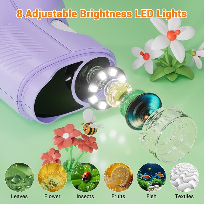 Pocket Kids Microscope, 1000X Handheld Microscope for Kids w/2.4'' Screen, Photo Video Mini Portable Microscopes Science Edu Digiscope, Christmas Birthday Gifts Ideas for Kids Ages 3-12 (Purple)