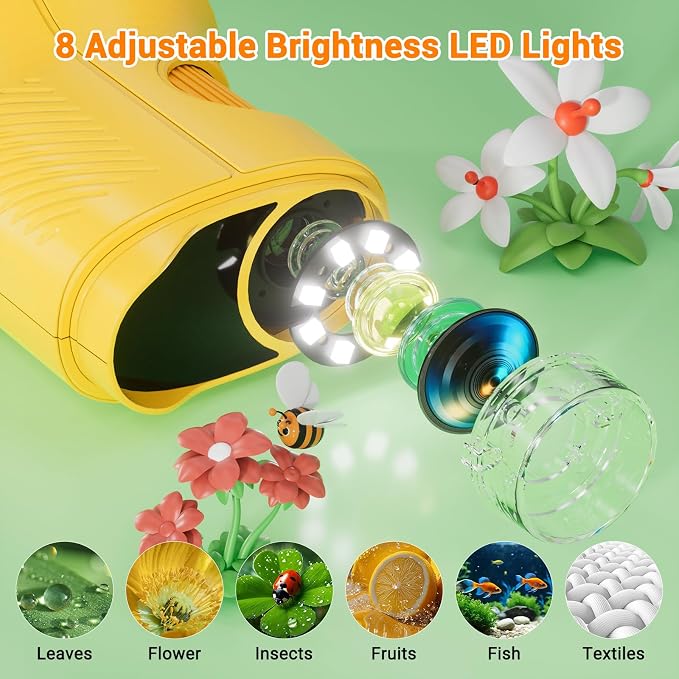Pocket Kids Microscope, 1000X Handheld Microscope for Kids w/2.4'' Screen, Photo Video Mini Portable Microscopes Science Edu Digiscope, Christmas Birthday Gifts Ideas for Kids Ages 3-12(Orange)
