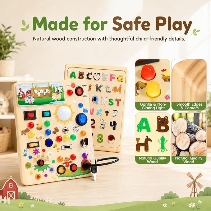 Busy Board with LED Light Switches, Montessori Toys for 1 2 3 Years Old, Toddlers Wooden Toy Sensory Activity Board, Travel Toys for 1+ Year Old Boy & Girl Birthday Gift (Farm)