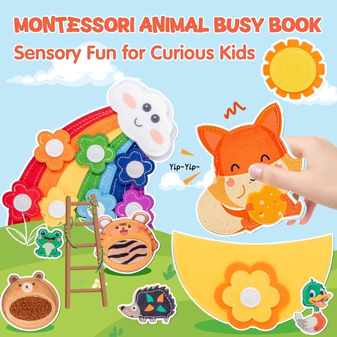 Bunny Montessori Busy Book for Toddlers 1-3- Preschool Felt Quiet Busy Book with Animal Sensory Mats- Early Learning Set for 1 2 3 Years Old Autism Sensory Toy-Airplane Travel Toy for Kids Girls Gifts