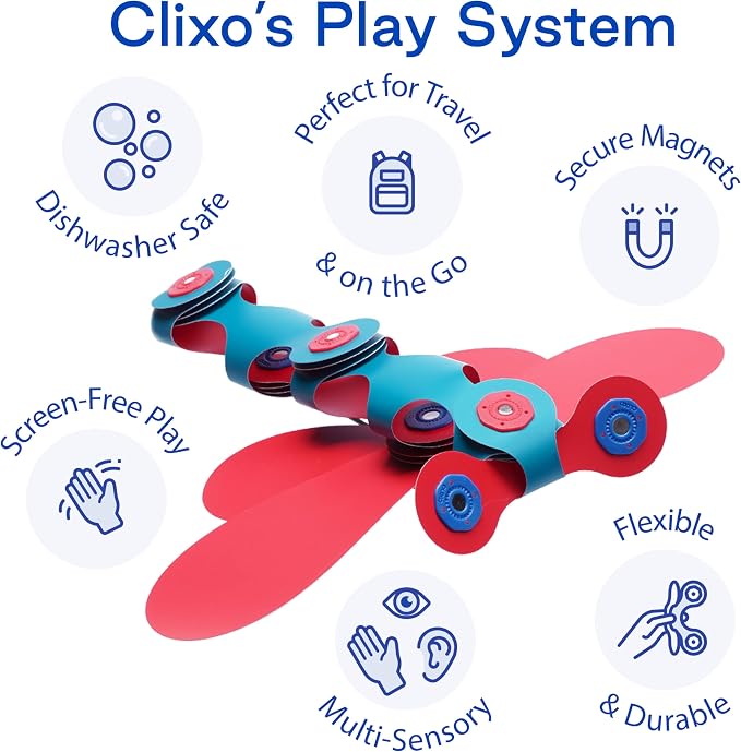 Clixo Itsy Pack, Travel STEM Magnetic Toys (18 Pc, 4+, Flamingo/Turquoise) | Compact open ended toys for screen-free play. Airplane activities and kids road trip games. Easy to clean magnetic STEM sets.