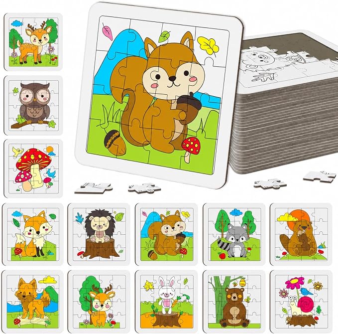 Cinrobiye 24 PCS Woodland Animal Coloring Jigsaw Craft Kit for Kids, DIY Forest Creature Activity Set Bulk with 12 Designs, Wildlife Birthday Party Favors, Classroom Art Projects
