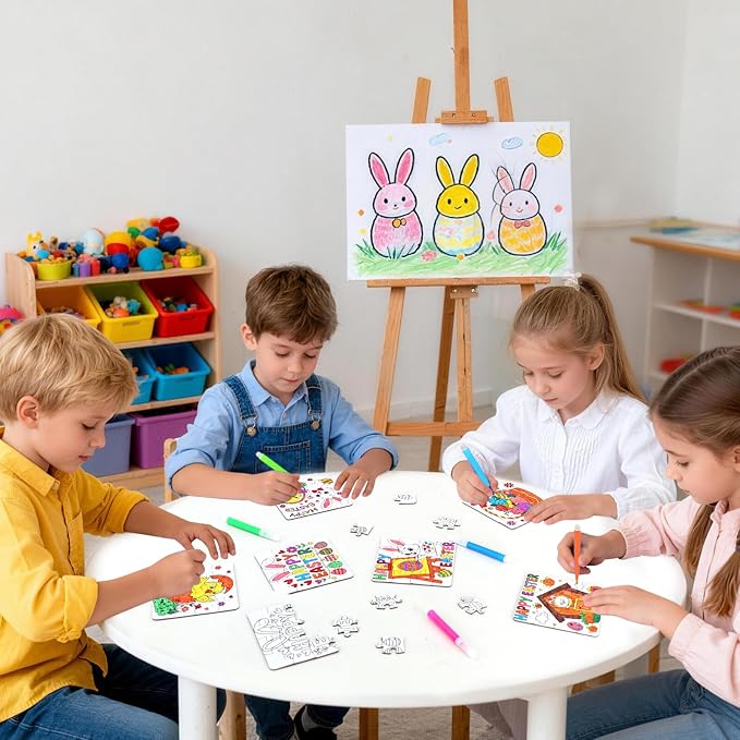 24 Pcs Easter Crafts Puzzle for Kids & Adults, Easter Gifts DIY Jigsaw with Egg Bunny Basket Flower, Spring April Arts and Craft for Party Favors Classroom Activities Coloring Games & Paper Toy Bulk