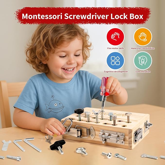 INIFEIDALA Montessori Busy Board Toys for 3 4 5 6 Year Olds | Screwdriver Board Set-Lock and Key Toy,Fine Motor Skills,Wooden Kid Tool Set,Birthday Gift for Boys & Girls,Quiet Travel Toy