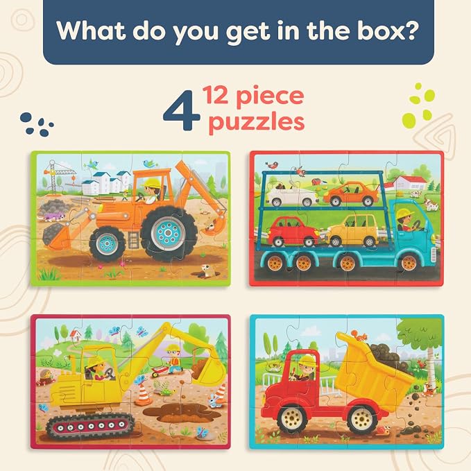 B. toys Wooden Puzzle Set, Pack o' Puzzles Trucks, 4 x 12 Pieces, Wood Toys | 4 truck-themed wooden with storage box, color-coded backs, easy-hold pieces, 48 puzzle pieces, Trucks, Wood Toys, 3+ Years