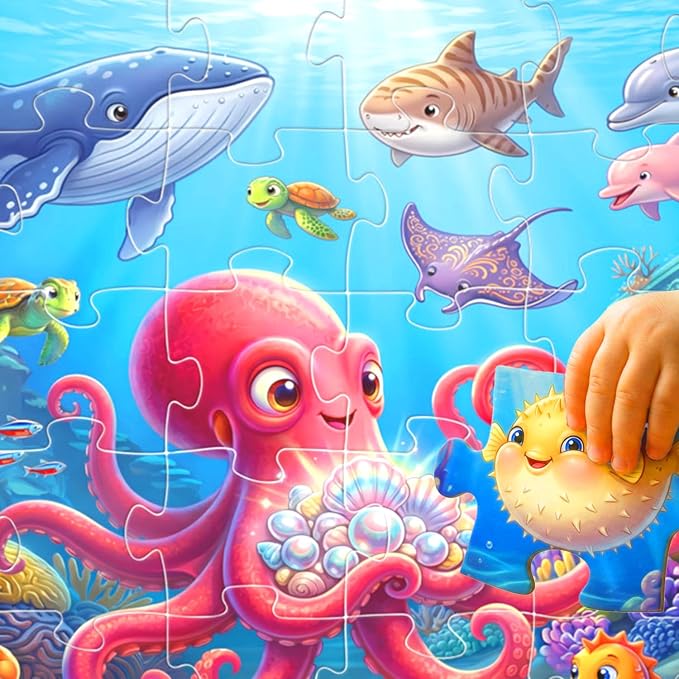 Jumbo Floor Puzzles for Kids Ages 3-5 48 Piece Ocean Educational Toy | Featuring octopus whale shark and dolphin for 3 4 5 6 7 8 year old boy and girl learning and indoor family play time