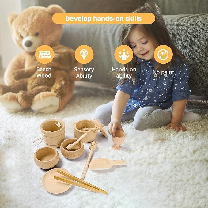 Montessori Sensory Bin Toys for Toddlers, 11pcs Wooden Toys | Waldorf Toys - Wooden Scoops and Tongs for Transfer Work and Fine Motor Skills Development