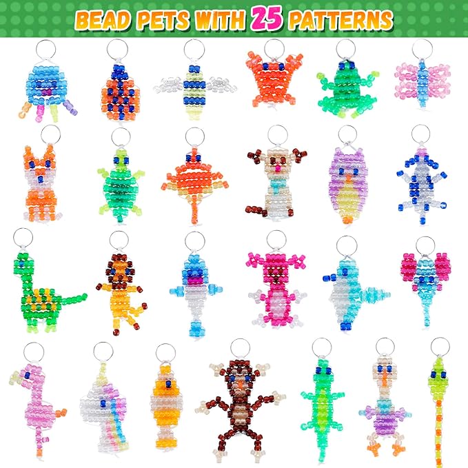 Pony Beads Kit for Keychain Making, Glow in the Dark Bead Pets for Kid Girl | Animal Beaded Kit with 25 Design Instructions Storage Box, Funtopia Beginners Kids Craft, Rainy Day Group and Family Activity
