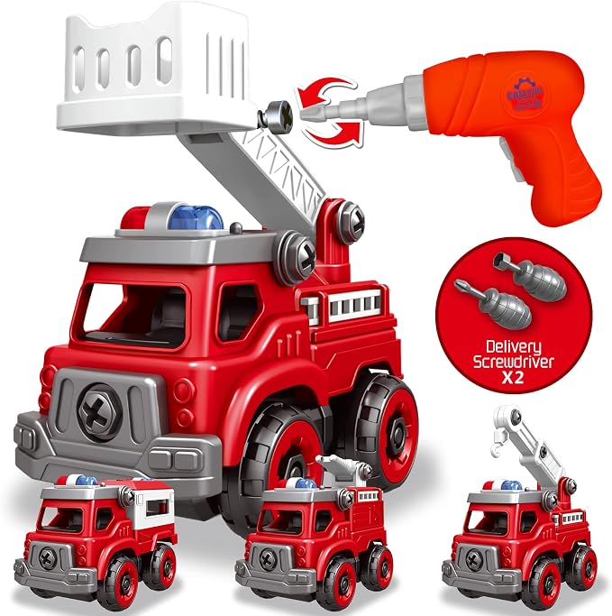4-in-1 Take Apart Toys Truck with Electric Drill, DIY Assembly Fire Truck | Toy Vehicles, Kids STEM Building Educational Cars Toys, Birthday Gifts for Age 3 4 5 6 7 8 Years Old Boys Girls