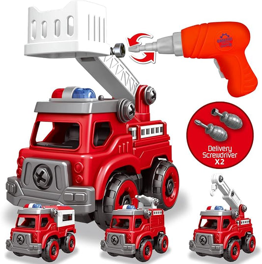 4-in-1 Take Apart Toys Truck with Electric Drill, DIY Assembly Fire Truck | Toy Vehicles, Kids STEM Building Educational Cars Toys, Birthday Gifts for Age 3 4 5 6 7 8 Years Old Boys Girls