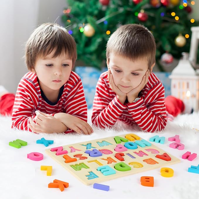 Wooden Alphabet Puzzles, ABC Learning Toys for Toddlers | Thick Easy-Grip Solid Wood Letters, Preschool Early Learning Activities, Montessori Birthday Gift for Girls & Boys