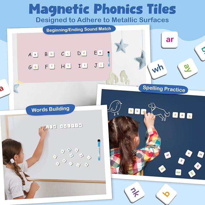 Aizweb 2 Pack Phonics Letter Tiles Set,All-in-one Phonics Kit,Reading &Spelling Games with Dry-Erase Boards&Storage Case,Phonics Games for Preschool& Kindergarten Classroom Learning