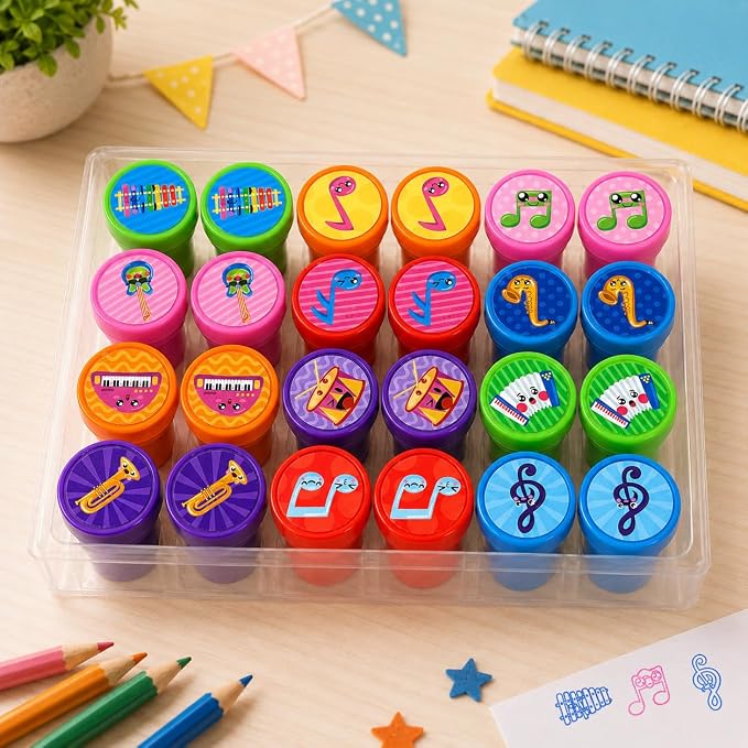 Cinrobiye 24 Pcs Music Stampers for Kids, Pre-Inked Musical Instrument Stampers, Music Party Favors, Birthday Party Supplies, Classroom Rewards, Goody Bag Fillers, Piñata Fillers