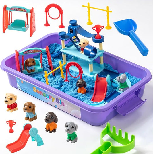 Pet Track Set, Pet Sensory Bin for Kids, Animal Sensory Sand Kit | 2.2 lb Sensory Sand, 10 Pet Toys & 2 Tools, Fine Motor Skill & Storytelling, Calm Play, Reusable