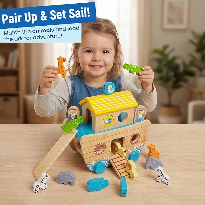 WOODENFUN Wooden Noah's Ark Toy for Toddlers, Baptism Christening Gift | Montessori Educational Toy, Animal Shape Sorter, Christian Toys, Birthday Gift for Boys Girls 3 Years Old