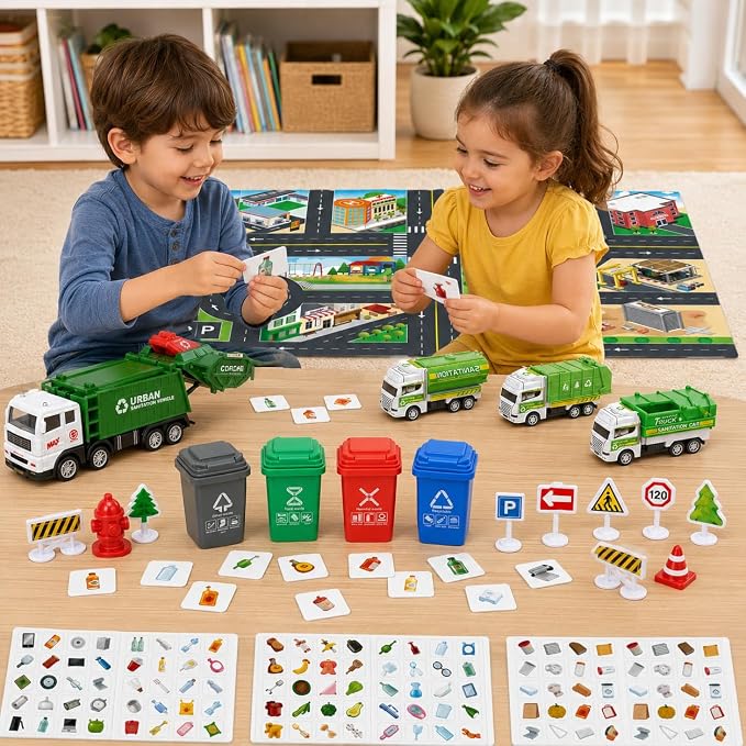 Cinrobiye Garbage Truck Recycling Activity Set with Trash Bins, Sorting Cards, City Map, Road Signs & Vehicles, Earth Day Supplies for Classroom Projects, Environmental Awareness Activities