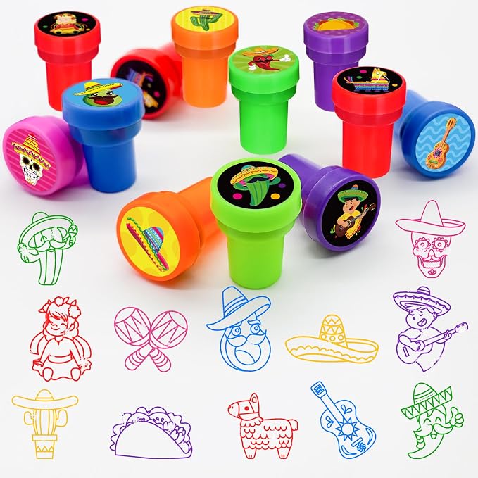 Cinrobiye 24 Pcs Mexican Fiesta Stampers for Kids,Party Favor Set, Mexico Party Favor Set Stampers, Cinco de Mayo Birthday Party Supplies, Classroom Rewards, Piñata Fillers, Goody Bag Stuffers