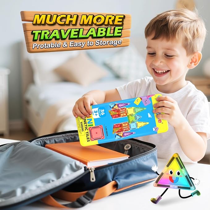 Mini Magnetic Tiles Travel Set STEM Educational Toys for Boys & Girls 3-8 | Outdoor Building Toys Preschool Classroom Must Have Portable Games with Iron Box for Car Airplane Kids Aged 3+ Birthday Gifts