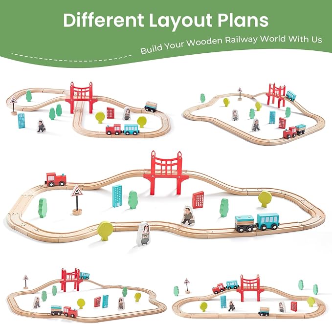 Tiny Land 39 Pcs Wooden Train Set for Toddler with Wooden Tracks | Compatible with Major Brands, Expandable, Changeable Train Toy for 3 4 5 Years Old Girls & Boys, Great Birthday Gift