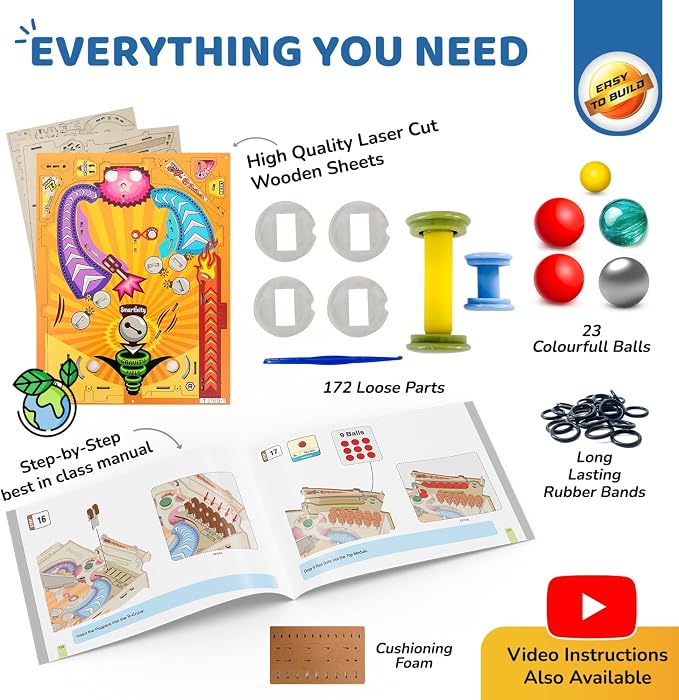 Smartivity DIY Pinball Machine STEM Toy for Kids Ages 8 9 10 11 12 13 14 | Wooden Construction Kit | Pinball Machine for Kids 8-12 | Birthday Gift Boys Girls | Family Party Game