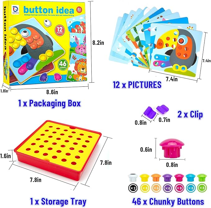 Button Art Pegboard for Toddlers - 12 Pics & 46 Buttons, Gift 3+ | 7.8'' x 7.8'' pegboard with toucan theme. Builds fine motor skills, color matching & creativity. Perfect early learning gift