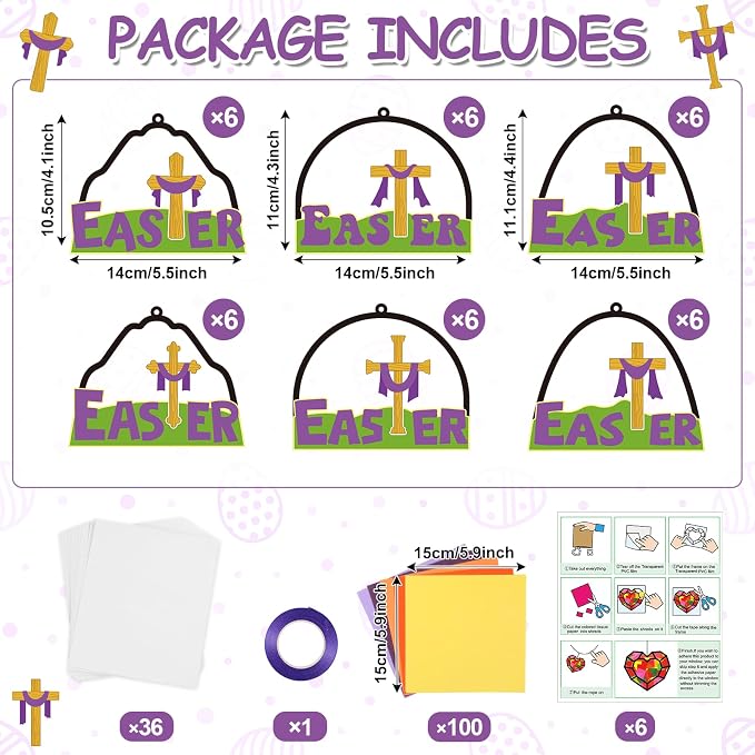 Qyeahkj 36 Set Religious Easter Cross Suncatchers Crafts for Kids DIY Christian Resurrection Window Tissue Paper Craft Kit Hanging Decor for Sunday School Activity Art Project Birthday Party Favor