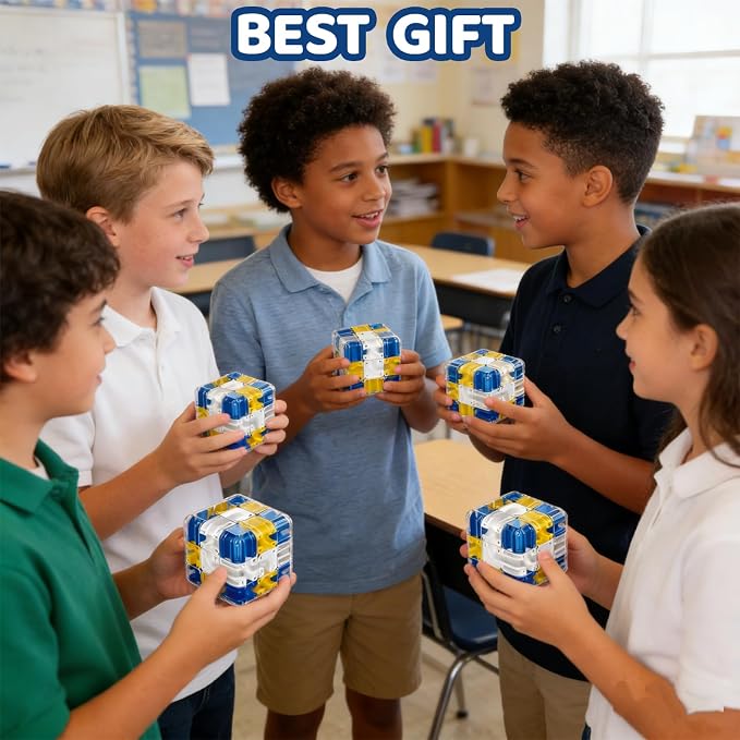 3D Rolling Ball Maze Cube, Marble Labyrinth Cube, 3D Labyrinth Puzzle Cube, Spatial Awareness Brain Training Educational Focus Game Gift for Adults Teens Kids (Yellow & Blue)