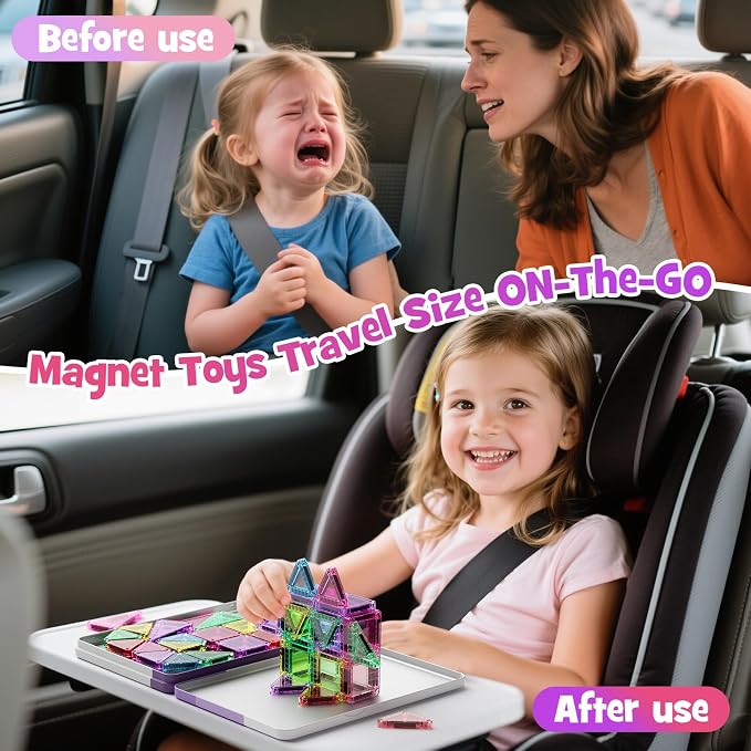 WMDXU Mini Magnetic Tiles Girls: Travel Building Set with Iron Box for 3+ | 42PCS On-the-Go Travel Toy, Strong Magnets Hold Tiles Upside Down without Falling, Iron Box Storage, for Girls 3-8