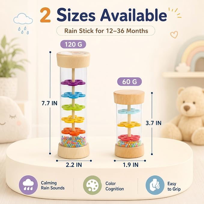 Oneshow Rain Sticks for Kids, Wooden Montessori Toys for Baby 12+ Months | Rainmaker, Rain Stick Baby Rattle Sensory Development Toys with Calming Rain Sounds Gifts for 1-3 Year Old Toddler 7.7"& 3.7"