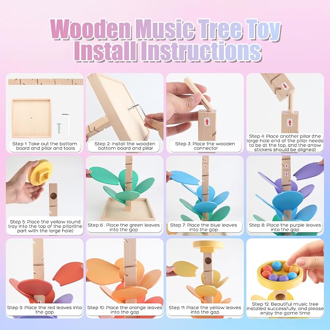 Wooden Marble Run Music Tree Montessori Toys Marble Ball Run for Kids 3-5 | Wood Ball Drop Toys for 4-8 8-12 Color Sorting Learning Game Boys and Girls Birthday Holiday Gift