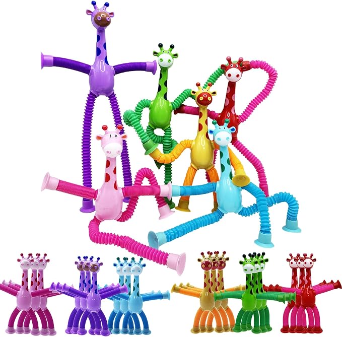 Giraffe Fidget Toys 12 Pack, Sensory Travel Toy with Suction Cups, Stretchy Pop Tubes for Kids, Autism Sensory Toys, Stress Relief Fidget Toys for Boys Girls Ages 3-8, Easter Christmas Birthday Gifts